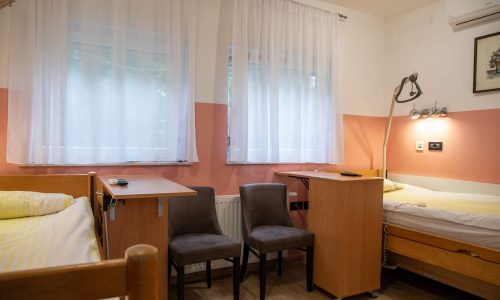 Soba s krevetima, noćnim ormarićima, velikim prozorima i rasvjetom u domu za starije Zagreb